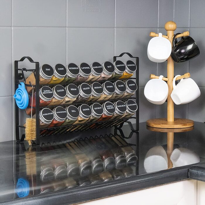 Декоративна полиця для спецій Deco haus, настільна та настінна, з 24 баночками та етикетками, органайзер для спецій, чорна
