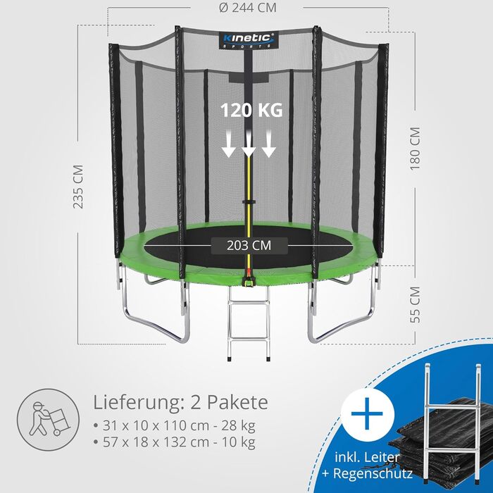 Батут вуличний KINETIC SPORTS Salto Plus Ø244 см з сіткою, драбиною та захисним покриттям для дітей (Зелений)