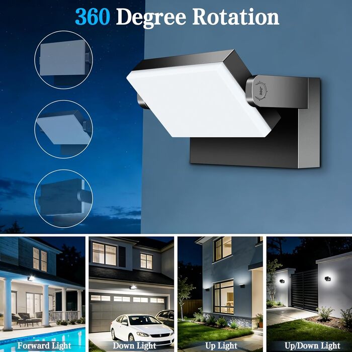 Стіна LED-ліхтар ledmo 60W зовнішній, панель 360°, IP65, 5000LM, регульований кут нахилу, водонепроникний, чорний, 6000K