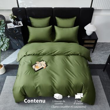 Комплект постільної білизни з бавовняного сатину Deluxe (220x240 см), оливковий — підковдра та 2 наволочки (65x65 см), дихаюча тканина
