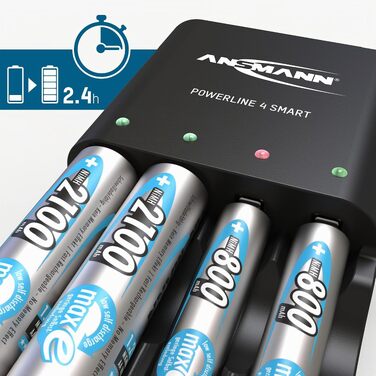 Зарядний пристрій ANSMANN Powerline 4 Smart з 4-ма акумуляторами AA 2100mAh, автоматичний зарядний пристрій з режимом відновлення (Repair-Modus)