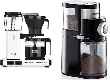 Кавоварка крапельна Moccamaster KBG Select 1.25 л, офф-вайт + кавомолка Rommelsbacher EKM 200, регулювання помолу, 250 г, 110 Вт, чорна – комплект для приготування кави