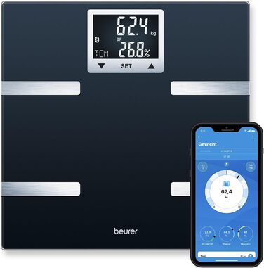 Діагностичні ваги Beurer BF 720 з Bluetooth, визначення ваги, жиру, м'язів, калорій, чорні, LCD-дисплей, тонкий дизайн