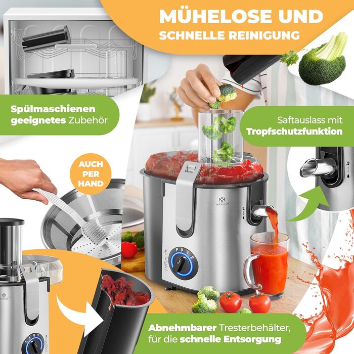 KESSER® Електрична центрифужна соковитискачка для фруктів та овочів з нержавіючої сталі 1100W, велика завантажувальна трубка, 3 швидкості, сірий/срібний колір