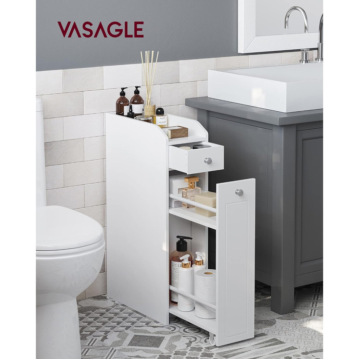 VASAGLE вузька тумба для ванної, біла, з шухлядами, компактний шафка для туалетного паперу, для зберігання у маленьких приміщеннях