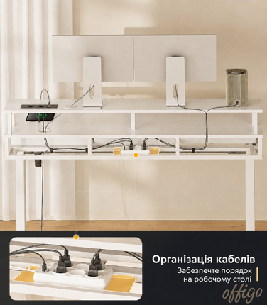 Електричний письмовий стіл OffiGo з шухлядами, 120 см, регульований по висоті, з моніторною підставкою, розетками та LED-підсвіткою, ігровий та офісний стіл, білий 120x54 см