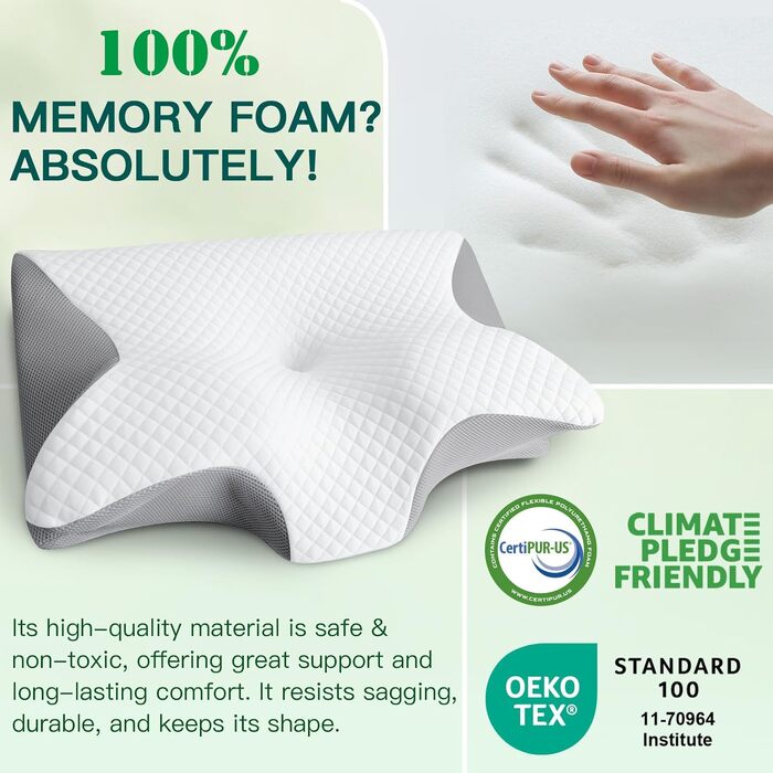 Подушка для шиї з піни Memory Foam 2-в-1, ергономічна, 60x40x12/14 см, сіра - для сну на спині, боці та животі