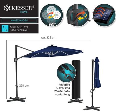 Сонячна парасолька KESSER XL 330 см з LED-підсвічуванням, сонячною батареєю, чохлом, вітрозахистом, 7-позиційним регулюванням, нахилом, обертанням 360°, для саду, з ручкою, захист від UV50+, темно-синя