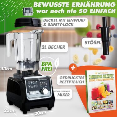 Потужний блендер NUTRI-BLENDER MAX+ 2000Вт, професійний стаціонарний міксер для смузі, 2 л Tritan (без BPA), 9 швидкостей, цифровий таймер, рецепт-книга