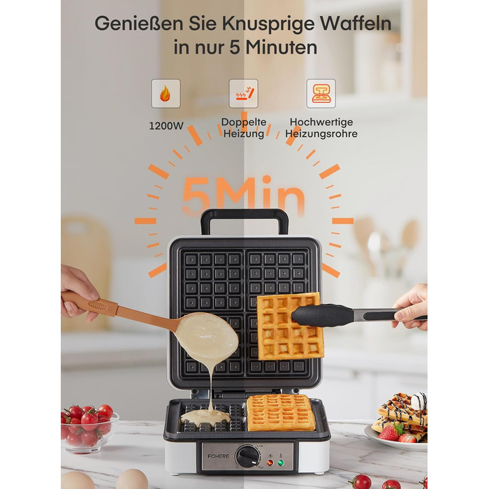 Вафельниця-гриль FOHERE XL 1200 Вт, електрична, антипригарна, для приготування вафель і паніні