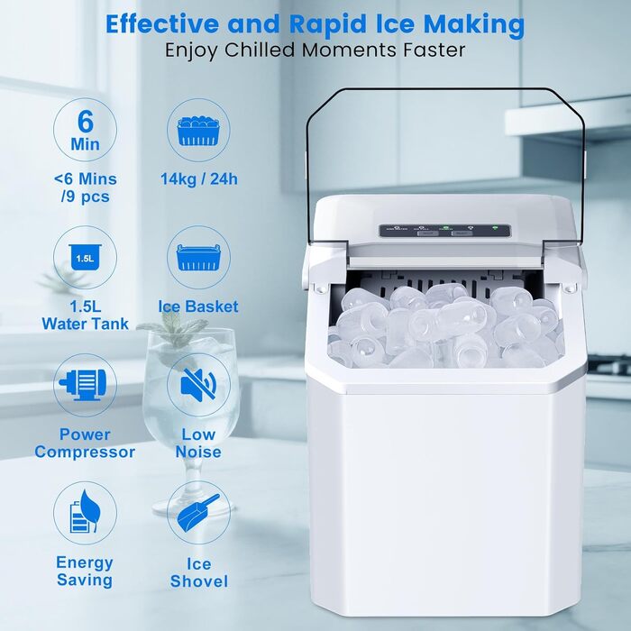 Льодогенератор Ice Cube Maker 12 кг/24 год, білий - швидке виробництво льоду (6-8 хв), 2 розміри кубиків льоду, самоочищення для дому, офісу, бару