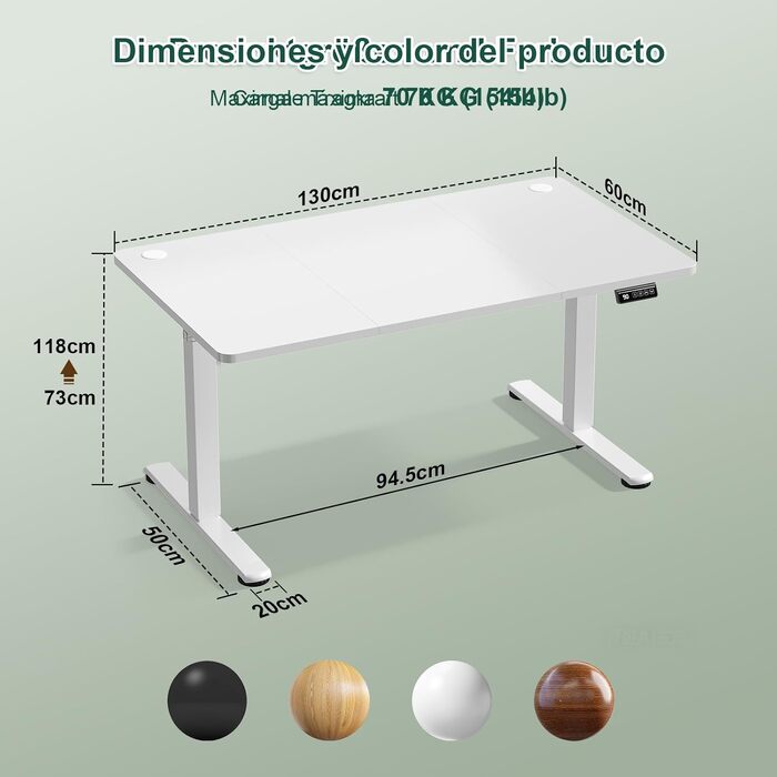 Електричний регульований стіл JUMMICO Standing Desk 130x60 см (білий) з функцією пам'яті