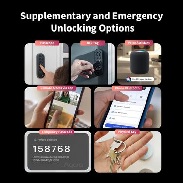 Розумний дверний замок Aqara U200 з відбитком пальця, Matter Over Thread, сумісний з Apple Home Key, акумулятор, підтримка Apple Home, Google Home, Alexa, SmartThings, чорний