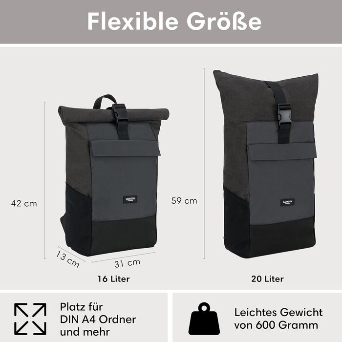Рюкзак LARKSON Rolltop для жінок і чоловіків, водостійкий, для ноутбука, подорожей, роботи, університету, велосипедний, чорний/сірий, універсальний розмір