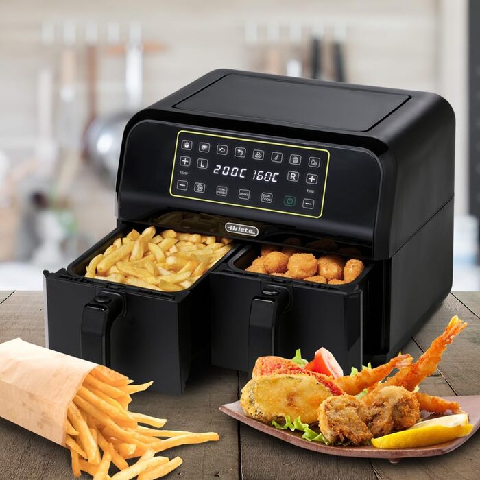 Аерофритюрниця Ariete 4623 Airy Fryer Dual, подвійна чаша, 1700 Вт, 8 л, 3 режими, сенсорне LED-управління, 8 програм, таймер, чорна
