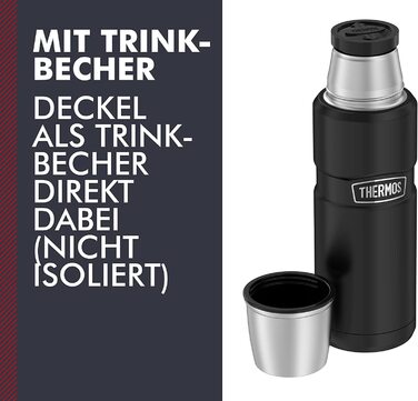 Термос із нержавіючої сталі Thermos 470 мл чорний матовий, ізольована пляшка для напоїв з кришкою-чашкою, зберігає тепло 12 годин і холод 24 години, герметична, без BPA, можна мити в посудомийній машині
