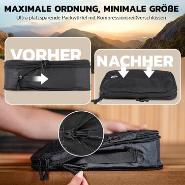 Набір компресійних органайзерів для подорожей BACK&PACKER® (6 предметів) — сумки-пакувальники з переробленого матеріалу для валізи та рюкзака, включаючи мішок для вологого одягу, чорний
