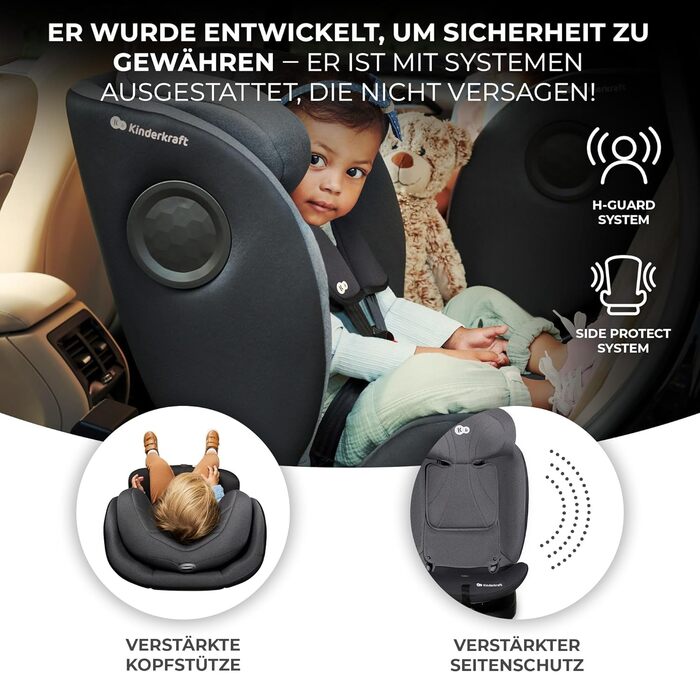 Дитяче автокрісло Kinderkraft I-360, 0-36 кг, I-Size 40-150 см, обертається на 360°, ізофікс, регульована підголівник і спинка, сіре