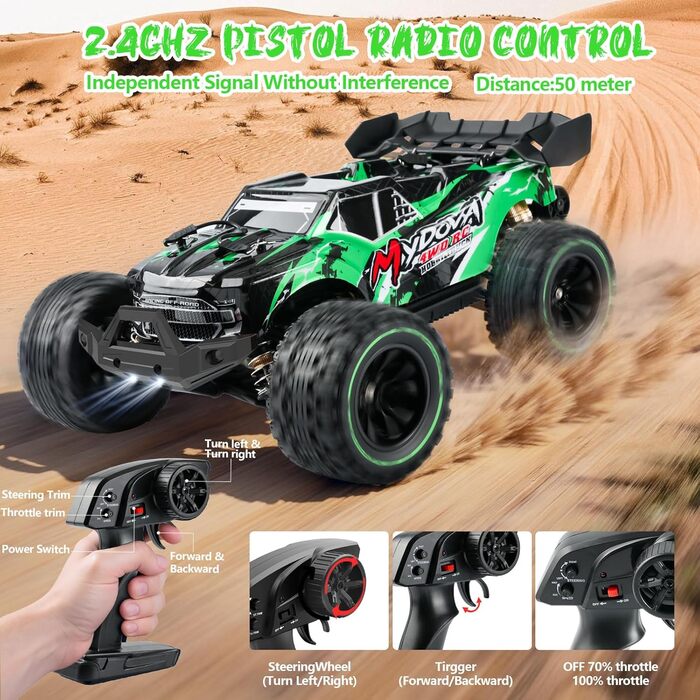 Радіокерований позашляховик RC Monstertruck 2.4GHz, 25 км/год, великий розмір, знімний, для дорослих та дітей (зелений)