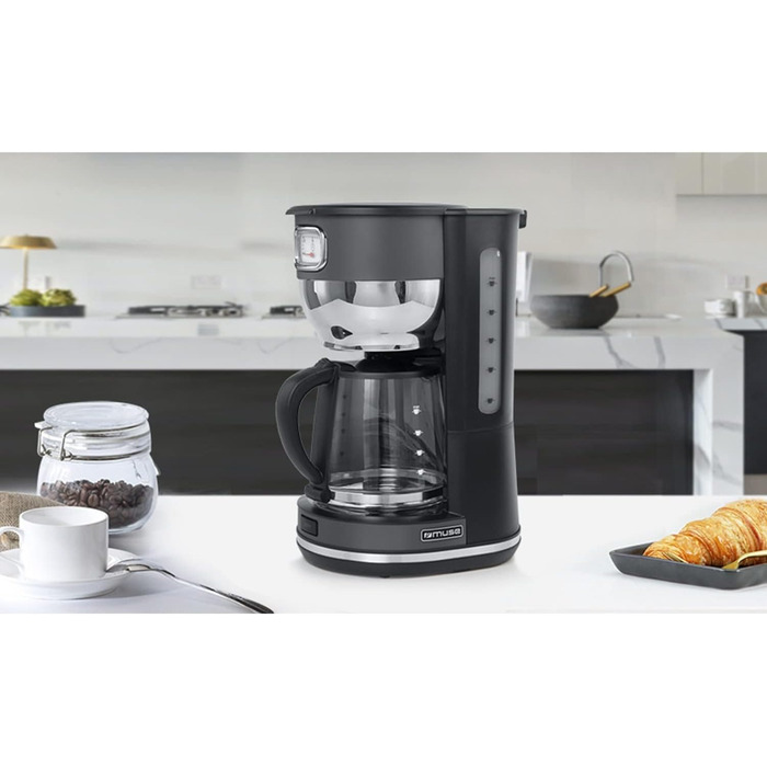Кавоварка MUSE MS-220 DG з глечиком, 10 чашок, з функцією підігріву, скляна каністра, нержавіюча сталь, сіра