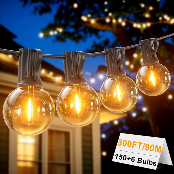 Ланцюжок прикрас для зовнішнього використання з 25+2 LED-лампочками G40, 2700K, тепле біле світло, IP65, вологостійкий, для саду, тераси, вечірок (чорний, 90м)