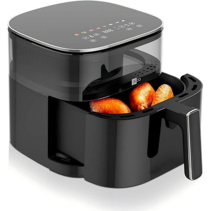 Аерофритюрниця aeco TOUCH 5,7 л з підсвіченим оглядовим вікном 270°, цифровим сенсорним дисплеєм, 1700 Вт, регулювання температури 80–200°C, 8 програм, з рецептурником
