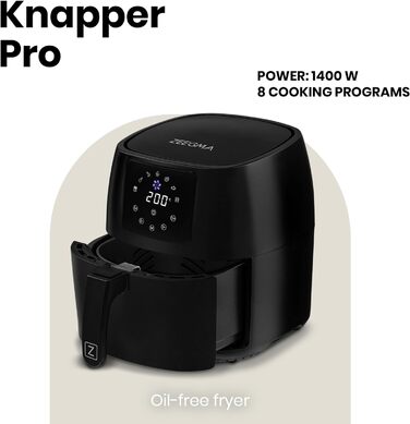 Аерофритюрниця ZEEGMA Knapper Pro Turbo 1400 Вт, 4,5 л, тефлонове покриття, 8 програм, швидке та здорове приготування, чорна