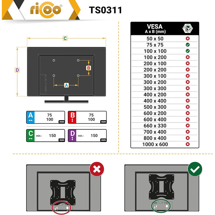 Кріплення для монітора RICOO TS3011: регульована підставка для монітора 13-34 дюймів, VESA 75x75/100x100, для кріплення на стіл
