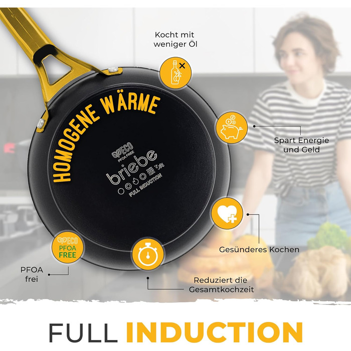 Набір сковорідок Briebe Gold Titanium 3 шт (20, 24, 28 см) з антипригарним покриттям для індукційних плит