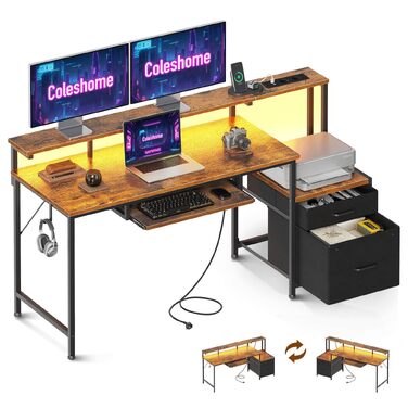 Ігровий стіл Coleshome з LED підсвіткою, ящиками та USB-роз'ємами (140x48 см, коричневий)