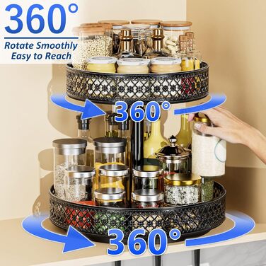 Органайзер Lazy Susan з 2 ярусами, обертовий металевий піднос 30,5 см, регульований, чорний, для спецій, кухні, шафи, ванної