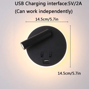 Світильник настінний TWSXTE для спальні, чорний, з USB-зарядкою, поворотний, для читання, 3000K (3W+9W)