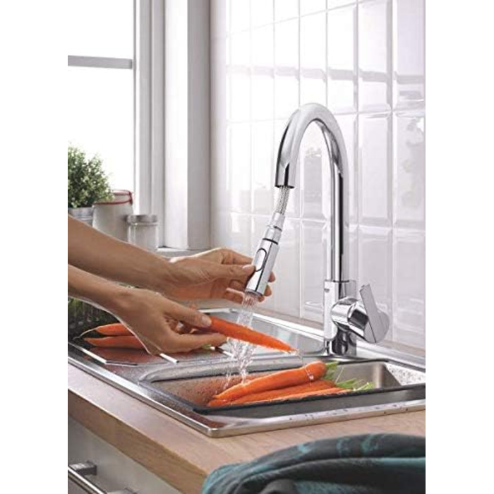 Змішувач кухонний GROHE Feel з висувним душем, 360° поворотний, економія води, хром (31486001)