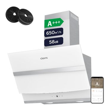 Витяжка кухонна CIARRA ASB6736N 60 см, 650 м³/год, нержавіюча сталь та чорне скло, керування через App та Touch, режим рециркуляції/відведення, вугільний фільтр CBCF003, білий колір