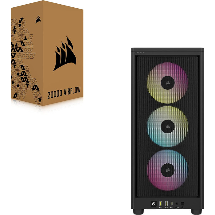 Корпус для ПК Corsair iCUE 2000D RGB Airflow Mini-ITX, сталевий, з підсвіткою, 3 вентилятори Slim AF120 RGB, контролер iCUE Lighting Node Core, чорний