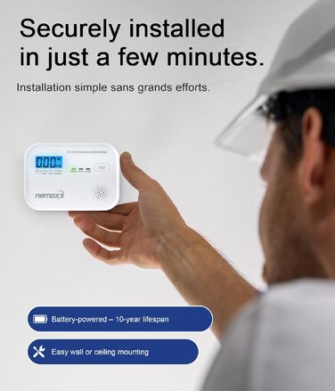 Детектор чадного газу NEMAXX® CM18 з LCD-дисплеєм, електрохімічний сенсор, 85 дБ, стандарт EN 50291-1:2018, термін служби 10 років
