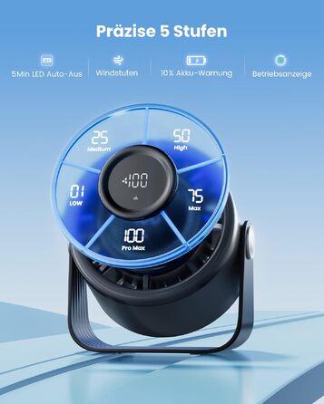 Вентилятор USB Gaiatop Klein безшумний, акумуляторний, настільний з 5 рівнями та потужним потоком повітря, сенсорний дисплей, поворотний на 360°, міні-вентилятор для спальні, офісу, столу, чорний
