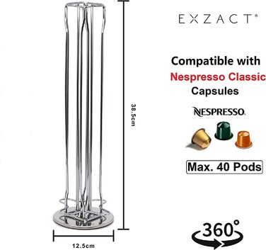 Тримач для кавових капсул EXZACT, сумісний з Nespresso, на 40 капсул, металевий органайзер-диспенсер для кавових капсул, сріблястий