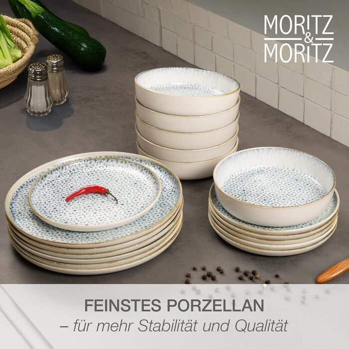 Набір посуду Moritz & Moritz ALHAMBRA на 6 осіб (18 предметів) з високоякісного порцеляну - сучасний сервіз у блакитному кольорі. Включає 6 тарілок, 6 десертних тарілок та 6 салатників. Легкий у догляді.