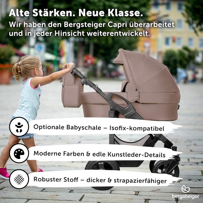 Дитяча коляска 3-в-1 Bergsteiger Capri – люлька, автокрісло i-Size, прогулянковий блок, повітряні колеса, амортизація, регульована ручка, складна, аксесуари (колір: коричневий, рама: антрацит)