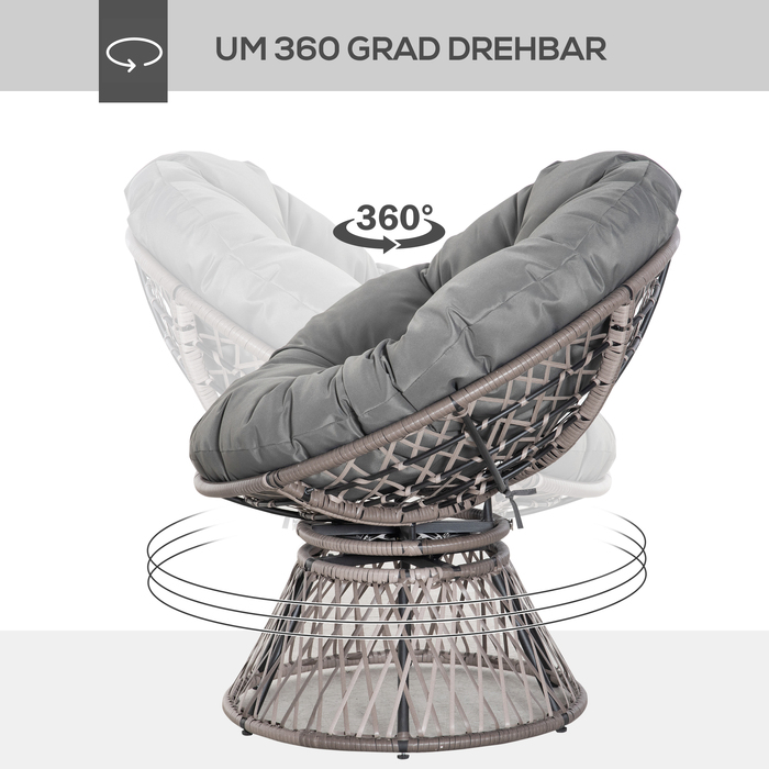 Крісло-папасан з подушками, ротан, сіре, 87 x 97 x 86 см, поворотне на 360°