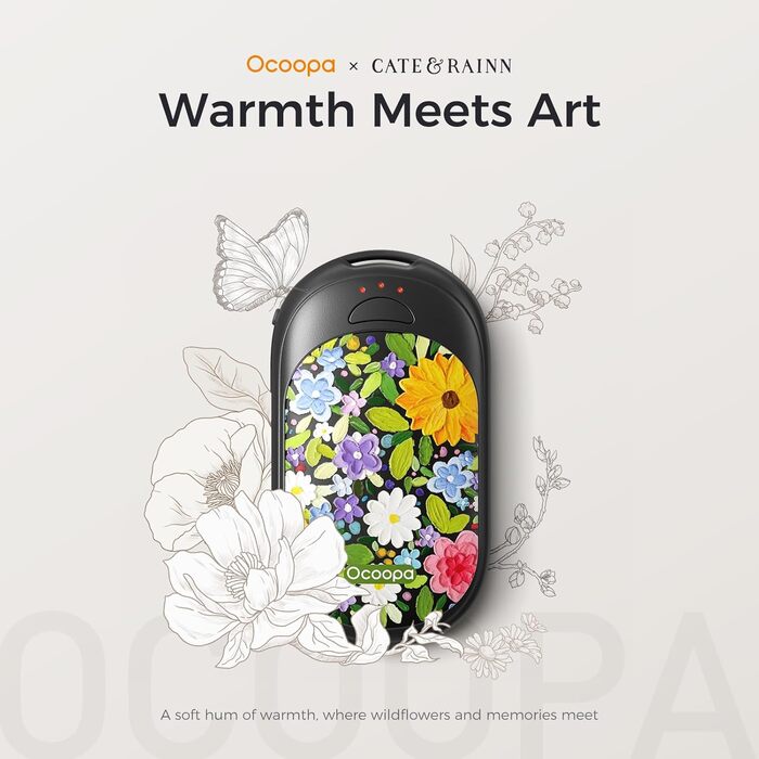 Електричні грілки для рук Ocoopa 2 шт. з магнітною основою, 5000mAh, 3 режими нагріву, компактні, для рукавичок, сумок, зимові аксесуари, подарунок для чоловіків та жінок (Lila_Weiß, Painted in Bloom (Ocoopa x Artist in Bloom)_Schwarz)