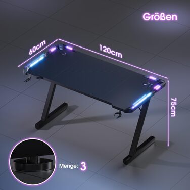 Ігровий стіл Devoko 120x60 см з LED-підсвіткою, поверхнею з вуглецевого волокна, підстаканником та гачком для навушників, ергономічний комп'ютерний стіл, чорний
