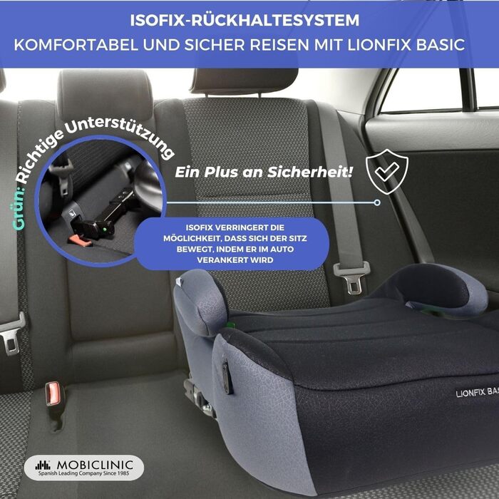 Дитяче автокрісло Mobiclinic Kids Lionfix Basic I-Size 125-150 см з IsoFix, знімний і праний чохол, підлокітники, текстильна оббивка, стандарт R129, європейський бренд