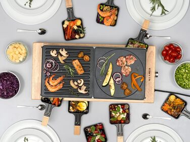 Гриль-раклет KLAMER на 8 осіб з дерев'яним підставом та ILAG покриттям, змінні пластини (гладка та рифлена), для м'яса, риби та овочів
