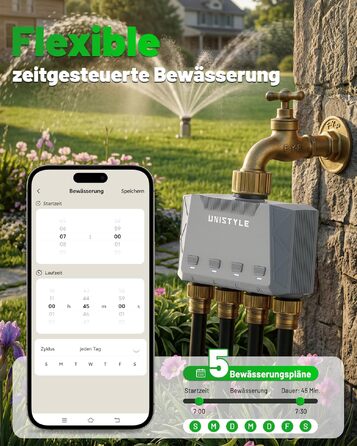 Розумний таймер для поливу GardenLife з Wi-Fi, 4 канали, керування через додаток та голосові команди, 5 програм поливу для газону та саду