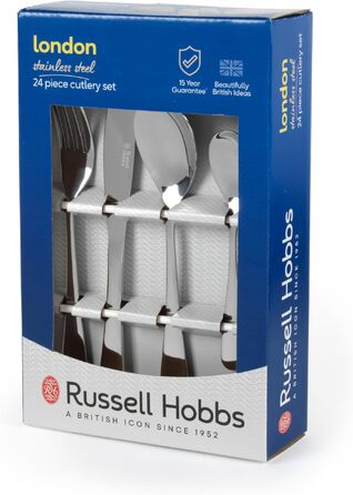 Набір столових приборів Russell Hobbs London 24 предмети, нержавіюча сталь, на 6 осіб, для мийки в посудомийній машині. Гарантія 15 років