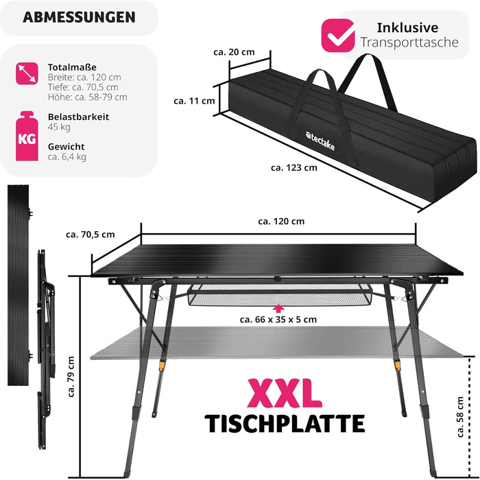 Складаний кемпінговий стіл tectake з алюмінію, розкладна XXL стільниця, регульована висота, переносна сумка, 120x70,5 см, чорний, для відпочинку, подорожей і саду, водостійкий