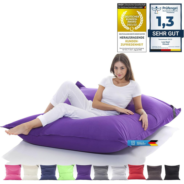 LAZY BAG Великий крісло-мішок Classic XXL 140x180 см | Крісло-мішок 2-в-1 для відпочинку та лежання | Зручні моменти в приміщенні та на вулиці завдяки 4 млн EPS-кульок для ідеальної ергономіки | Прачний чохол (бавовна, фіолетовий)