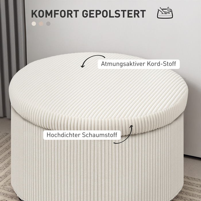 HOMCOM Пуф з табуретом для зберігання з кришкою, Круглий пуф для ніг з вельветом Look для вітальні, спальні 60 x 60 x 41 см Бежевий